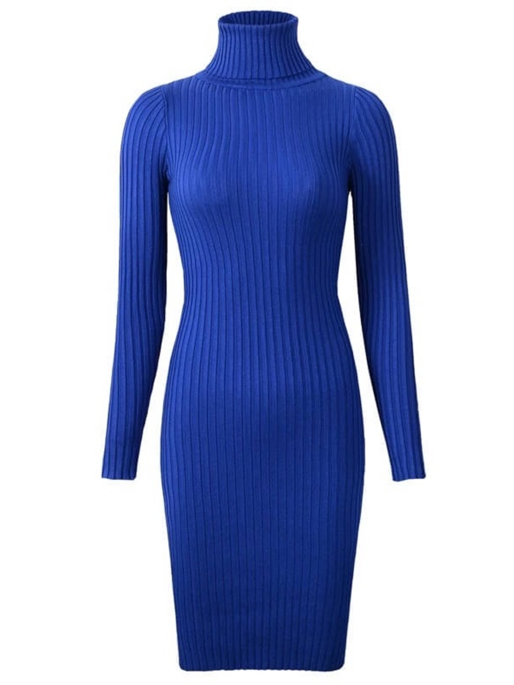 Long Ribbed Turtleneck Sweater Dress in Royal Blue